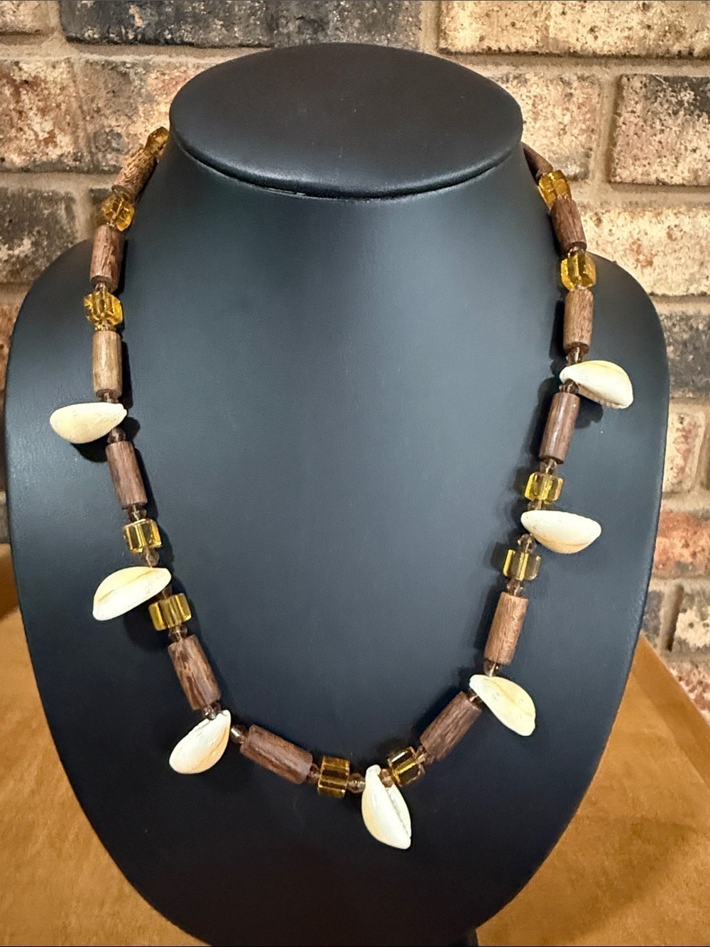 Vintage Yellow and Wood beaded and Cowrie Shell Necklace